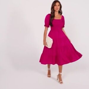 NWOT Women’s Summer Casual Midi Dress Square Neck Puff Sleeve Pink